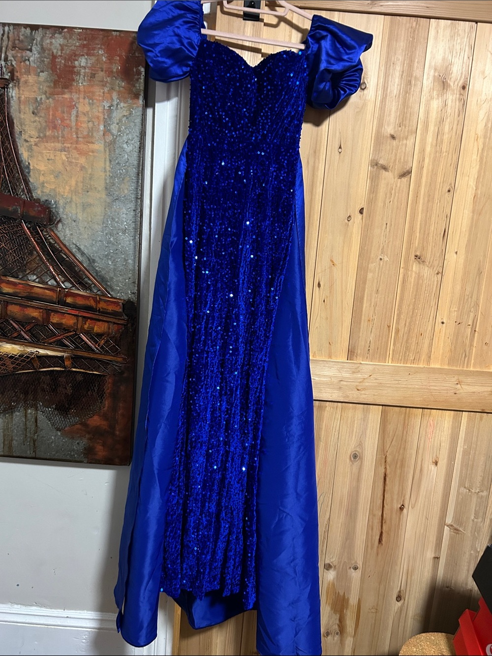 Elegant Royal Blue Sequined Prom Gown with Puff Sleeves and Attached Cape back